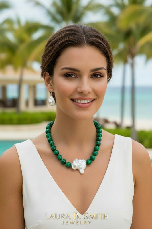 Luxury Malachite & Baroque Pearl Statement Necklace - 18” Hand-Knotted Green Gemstone Necklace
