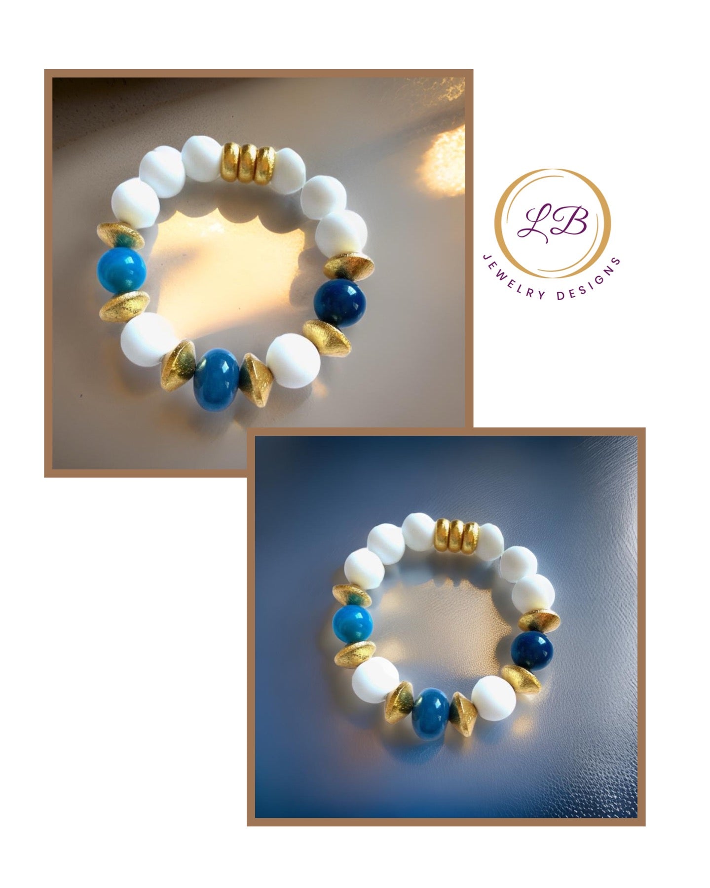 Blue Apatite and Alabaster Gemstone Gold Vermeil Beaded Bracelet
