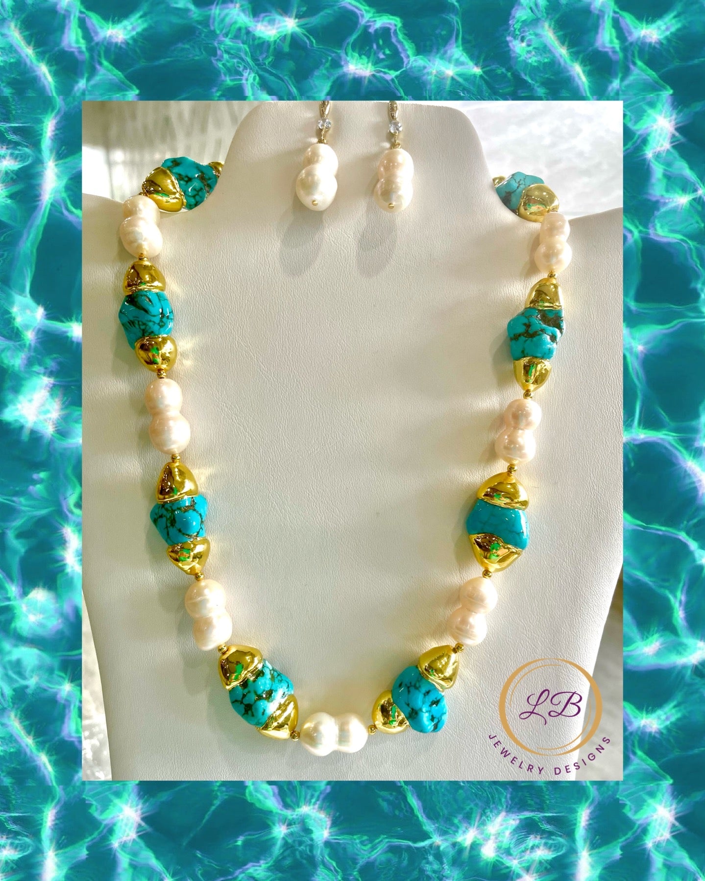 Twin Pearls and Turquoise Gemstones Statement Necklace/Earrings Set 18”