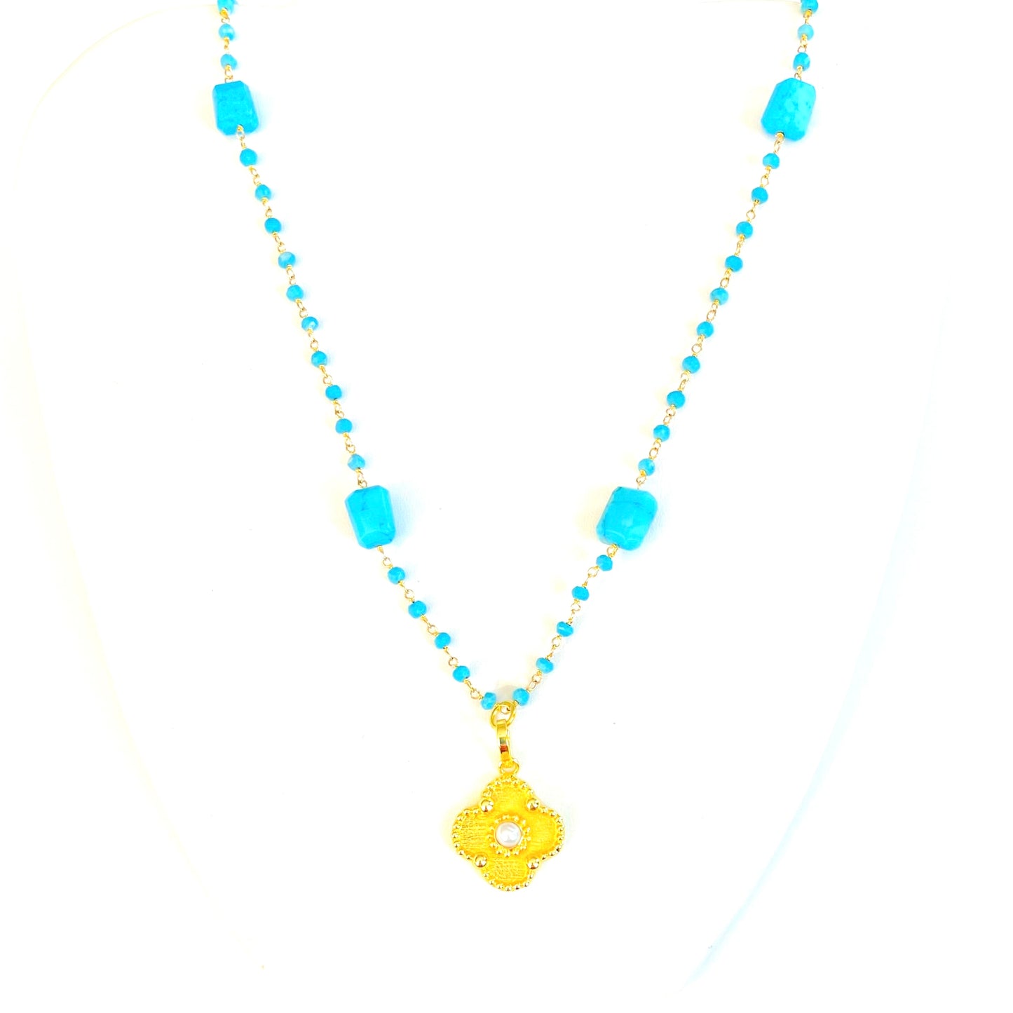 24k Gold-Filled Beaded Turquoise Chain Pendant Necklace 24”