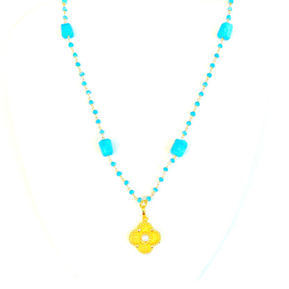 24k Gold-Filled Beaded Turquoise Chain Pendant Necklace 24”