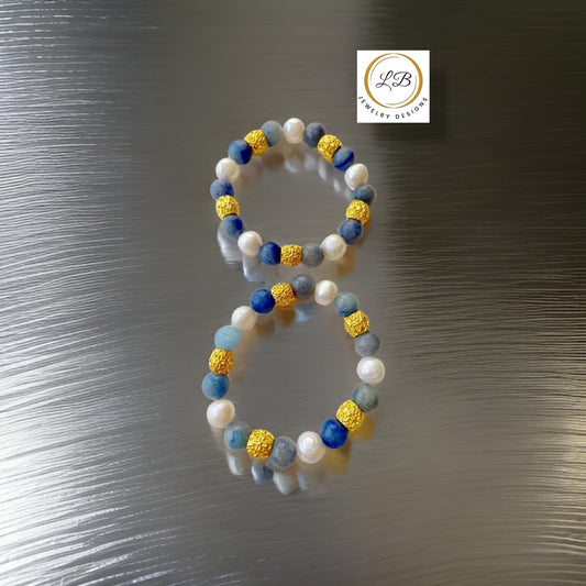 Blue Sodalite & Pearl Gemstone Gold Beaded Bracelet