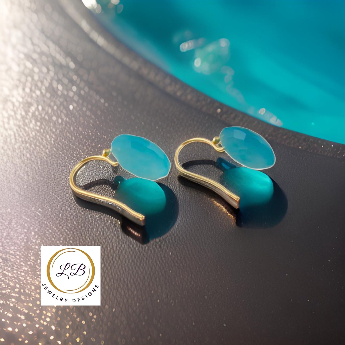 Aqua Chalcedony Gold Dangle Earrings 1.5”