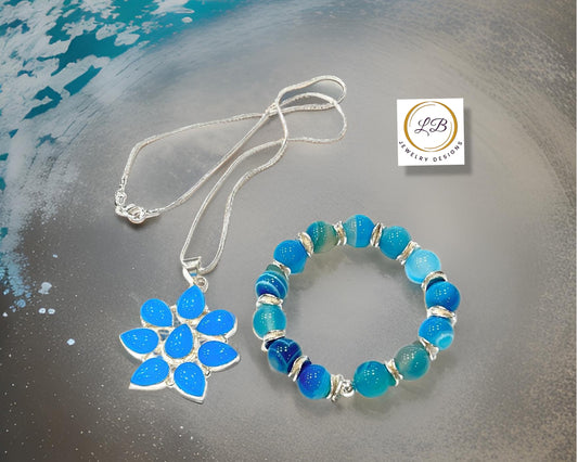 Blue-Banded Agate & Blue Chalcedony Silver Pendant Necklace Jewelry Set