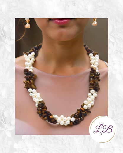 Tiger’s Eye & Freshwater Pearls Gemstone Triple-Strand Statement Necklace