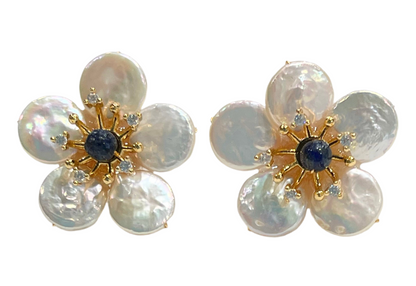 Pearl Petals & Lapis Lazuli Flower Statement Earrings 1"