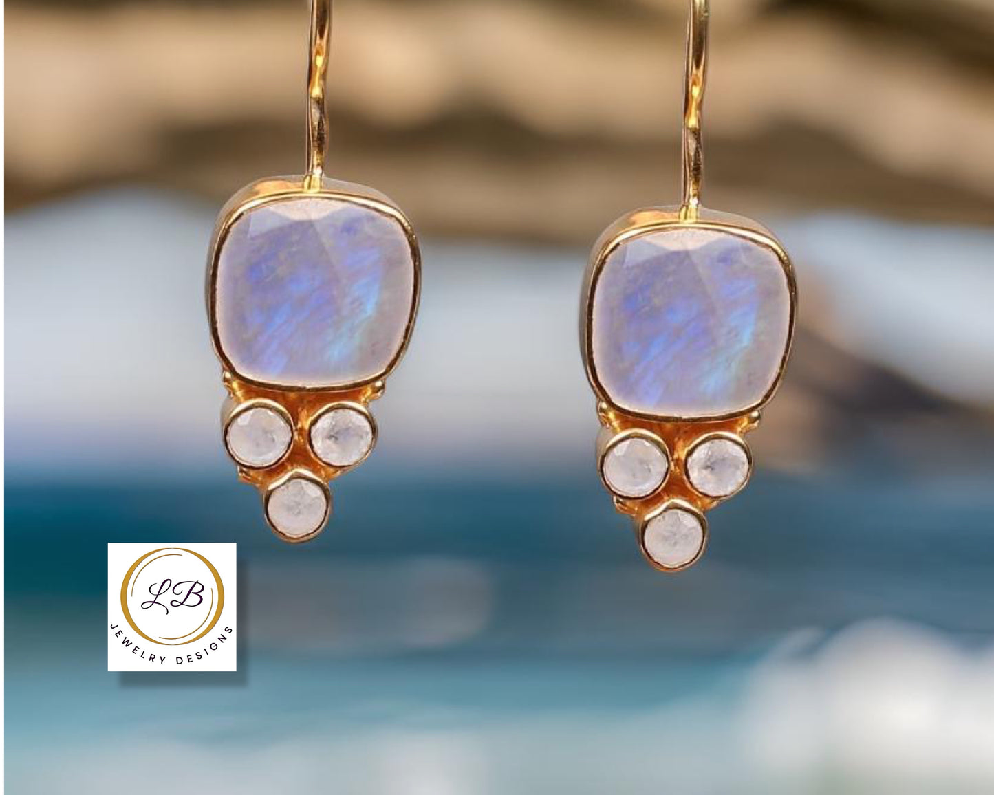 Blue Rainbow & White Moonstone Gemstone Gold Dangle Earrings 1.0"