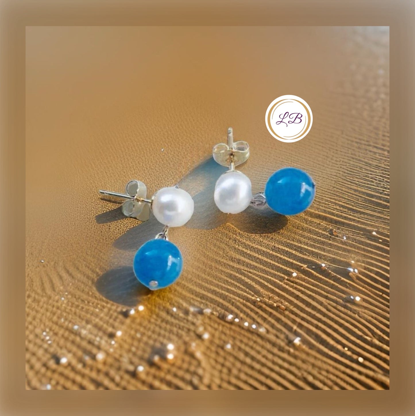 Genuine White Pearl  and Blue Jade Stud Dangle Earrings