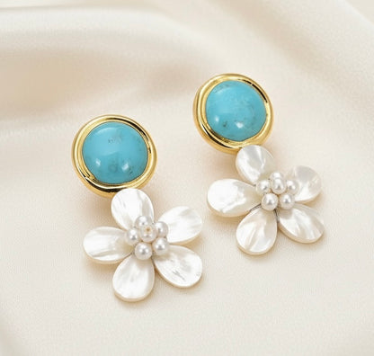 Capri Turquoise & Pearl Shell Flower Statement Earrings – 24k Gold Coastal Resort Earrings