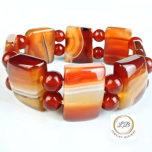 Orange-Striped Carnelian Gemstone 6.5" Bangle Bracelet