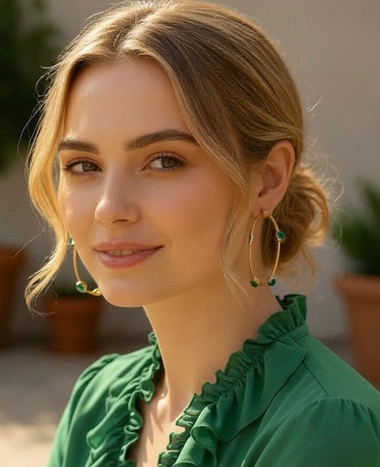 Oversized Gold Hoop Green Onyx Inside-Out Earrings 2.5”