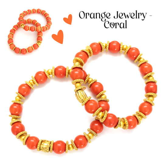 Orange Coral & Gold Beaded Bracelet