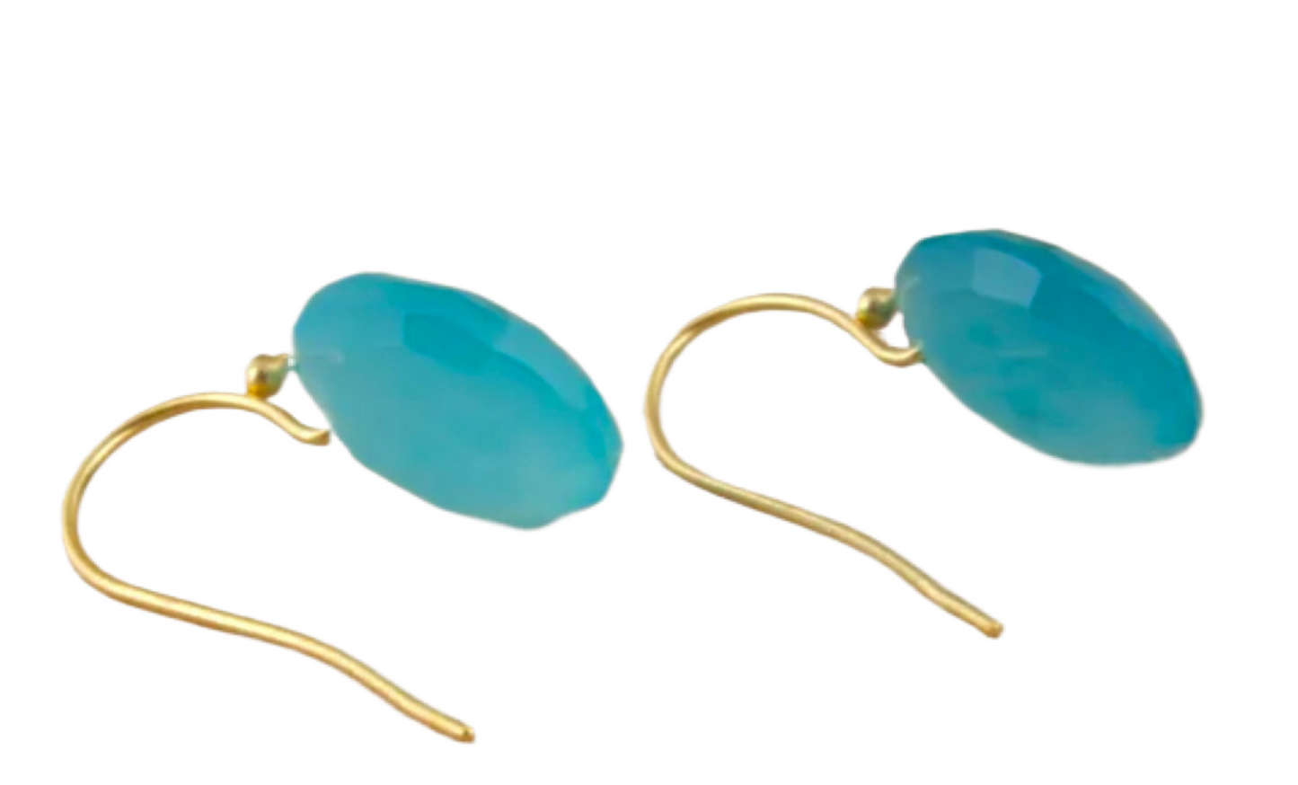 Aqua Chalcedony Gold Dangle Earrings 1.5”