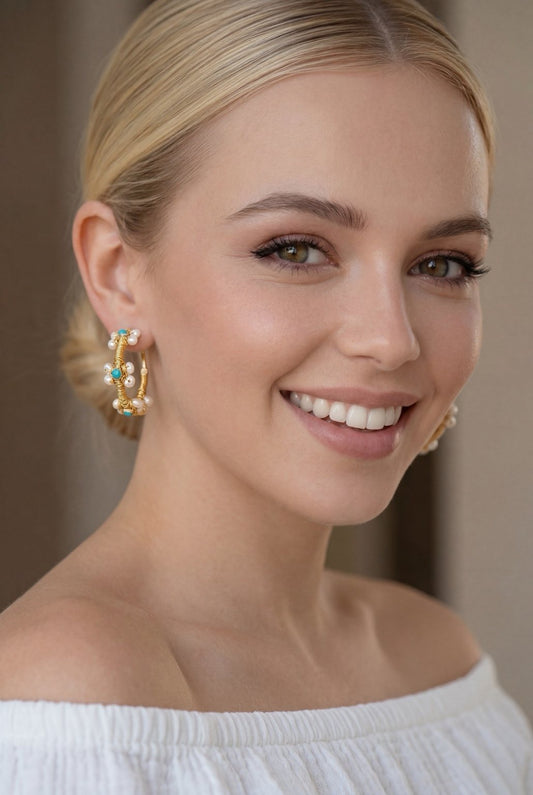 One-of-a-Kind Capri Turquoise & Pearl Wrapped Hoop Earrings