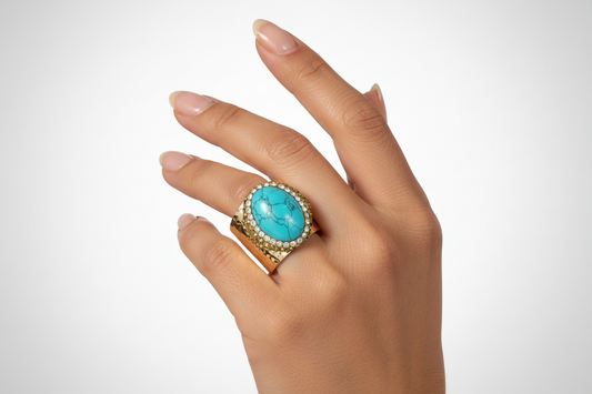 Turquoise Statement Cocktail Ring/Gold Cigar Band Adjustable Ring with Crystal Halo - Luxury Resort Jewelry