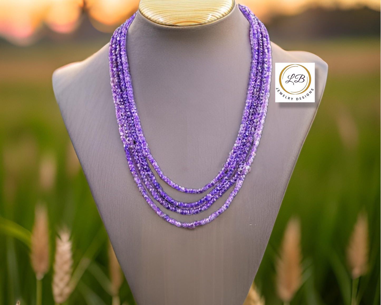 Rare Natural Purple Amethyst Multi-Strand Gemstone Statement Necklace