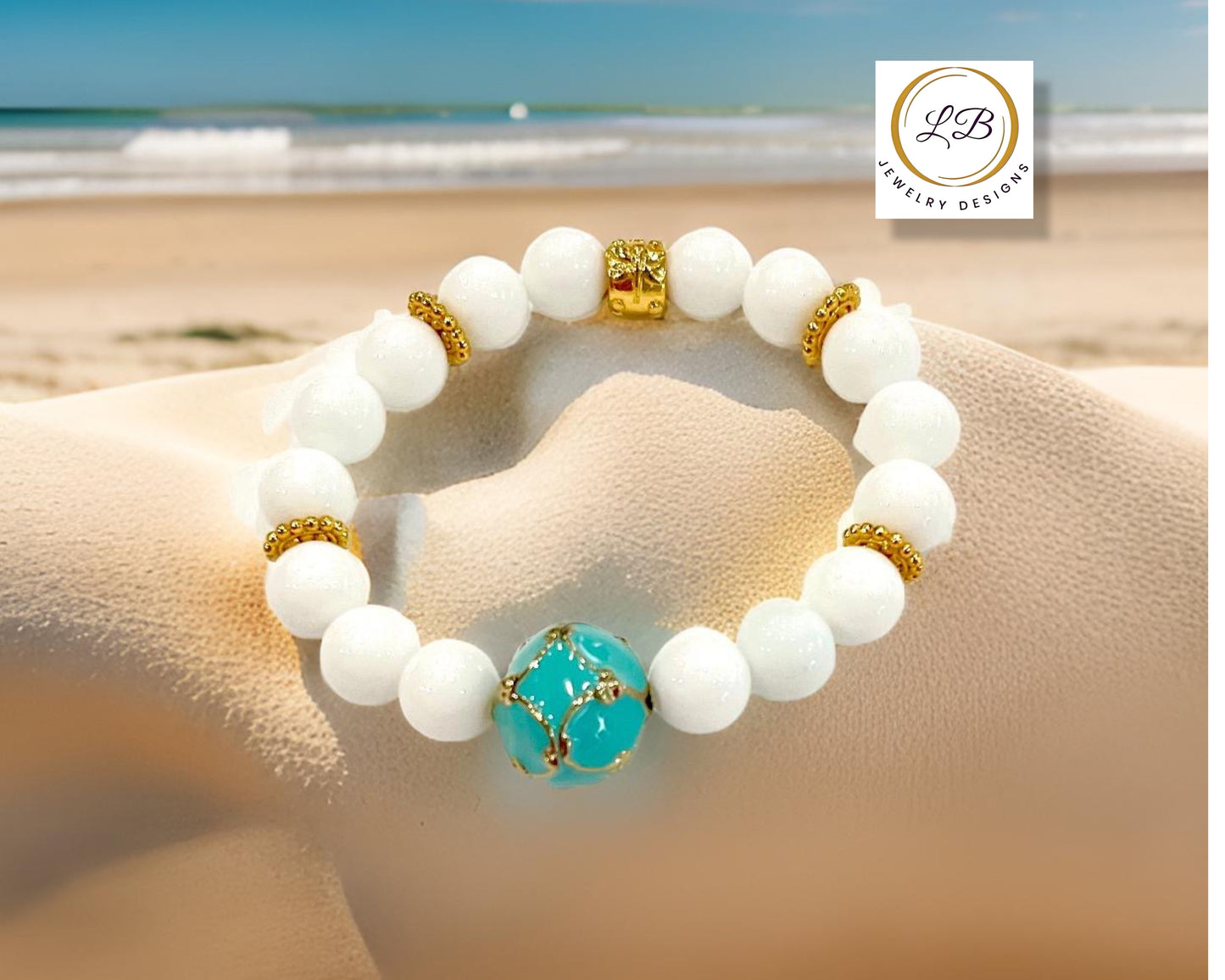 Alabaster & Turquoise Gemstone Enamel Beaded Bracelet