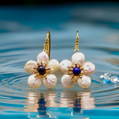 Lapis Lazuli and Pearl Dangle Statement Earrings 3"