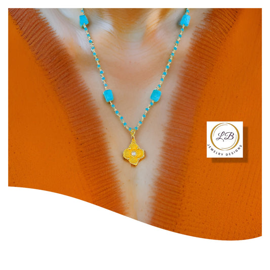 24k Gold-Filled Beaded Turquoise Chain Pendant Necklace 24”