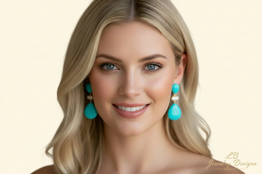 Sleeping Beauty Turquoise Gold Pavé Dangle Earrings – Turquoise Teardrop Statement Earrings 1.7”