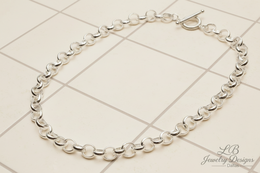 Silver Rolo Chain Toggle Necklace  - Matte Silver Statement Chain 18”