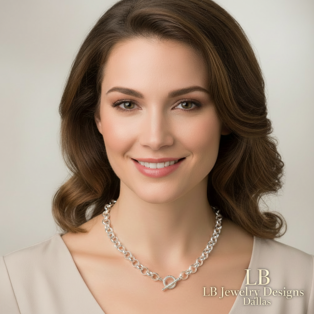 Silver Rolo Chain Toggle Necklace – Matte Silver Statement Chain 18” | LB Jewelry Store Dallas Texas