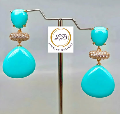 Sleeping Beauty Turquoise Gold Pave Dangle Earrings 1.7”