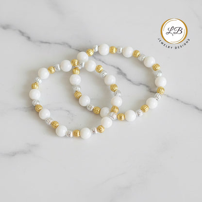 White Alabaster Mixed Metal Bracelet Stack - Gold & Silver Luxury Layering Bracelets