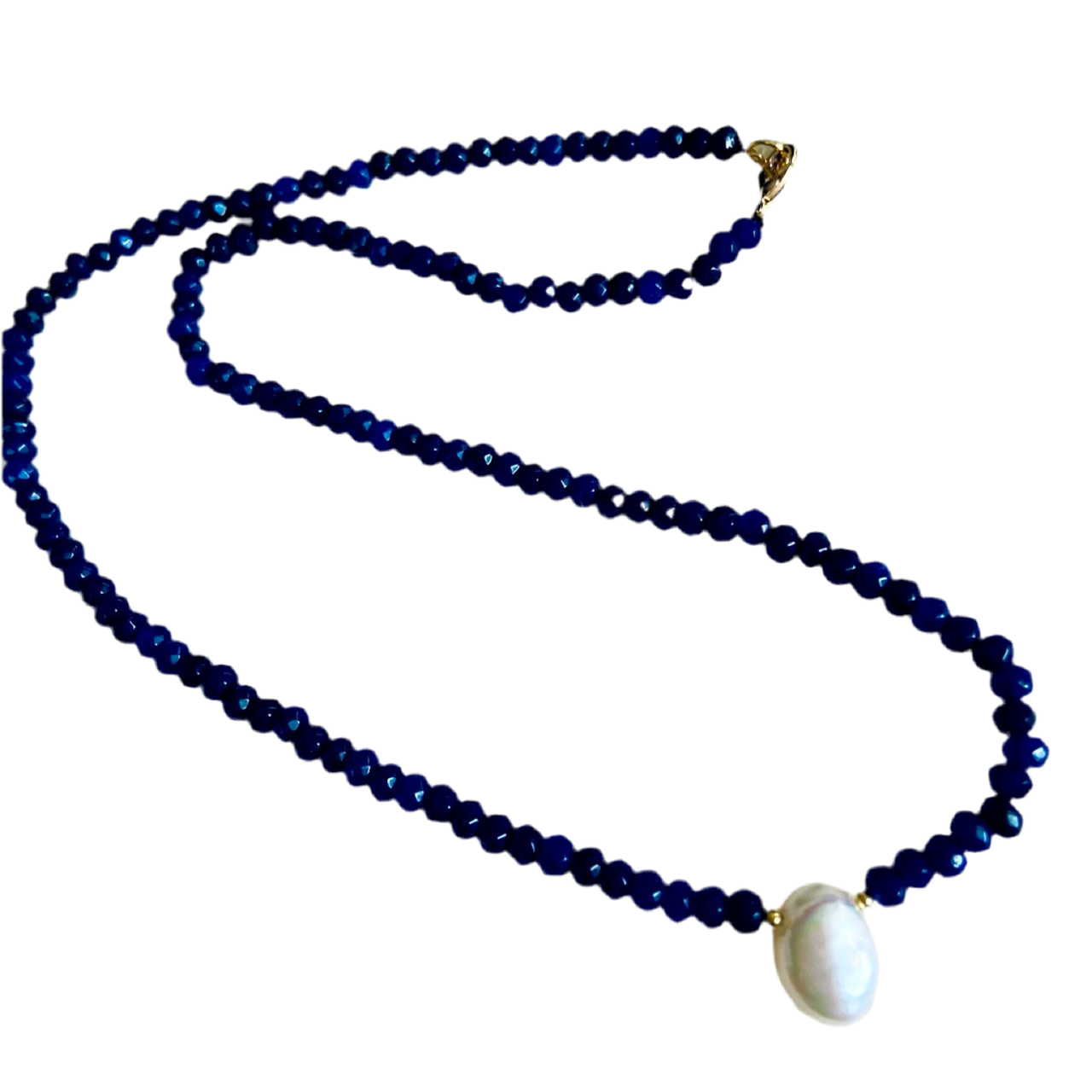 Dainty Blue Spinel Gemstone Freshwater Pearl Pendant Necklace 18"