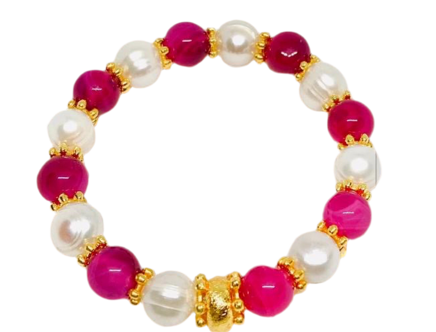 Rose Ruby Quartz & Baroque Pearl Gemstone Gold Beaded Bracelet