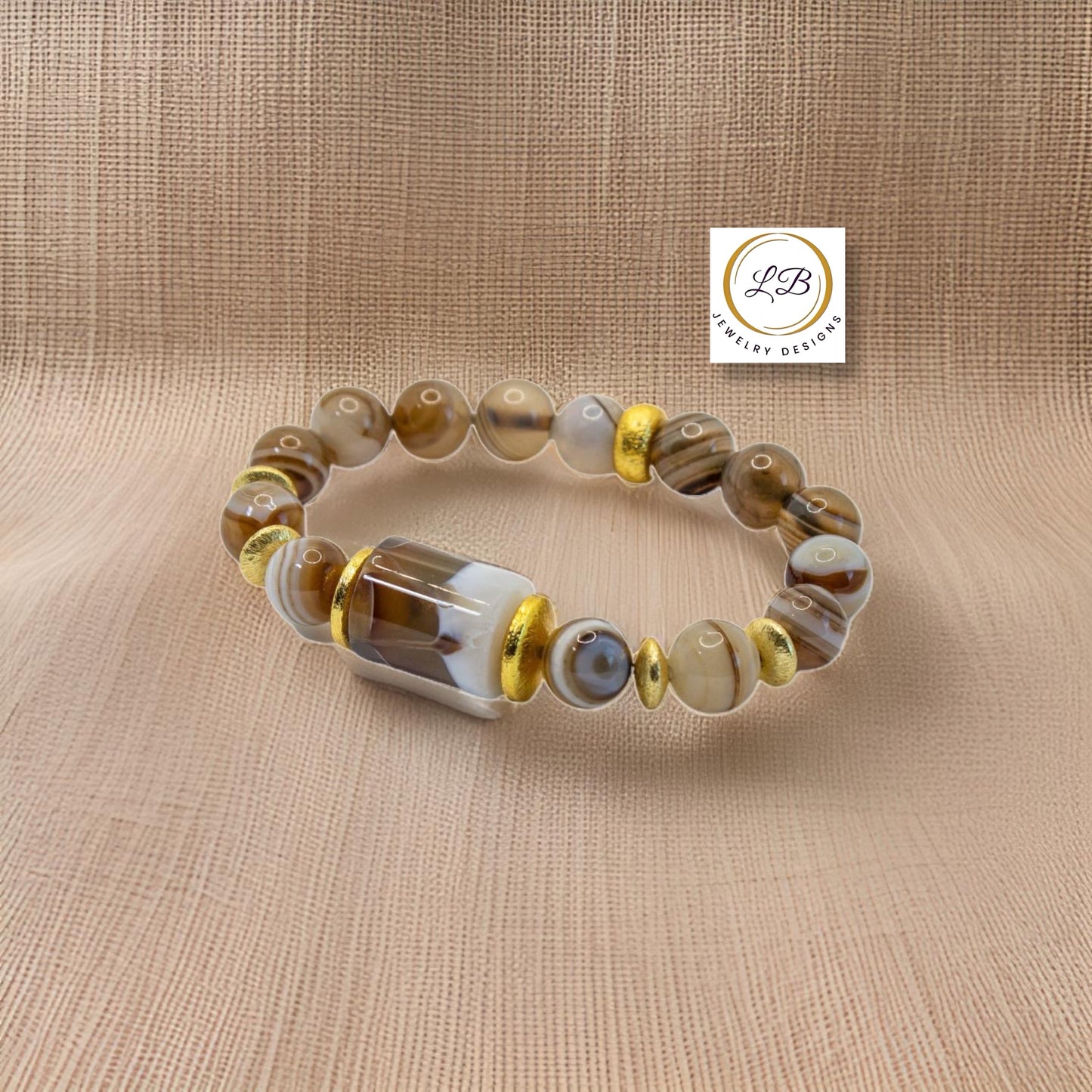 Botswana Cylindrical Gemstone Striped Agate Beaded Bracelet