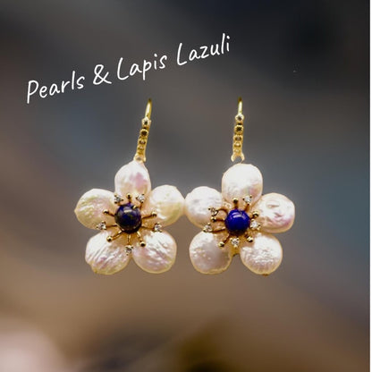 Lapis Lazuli and Pearl Dangle Statement Earrings 3"