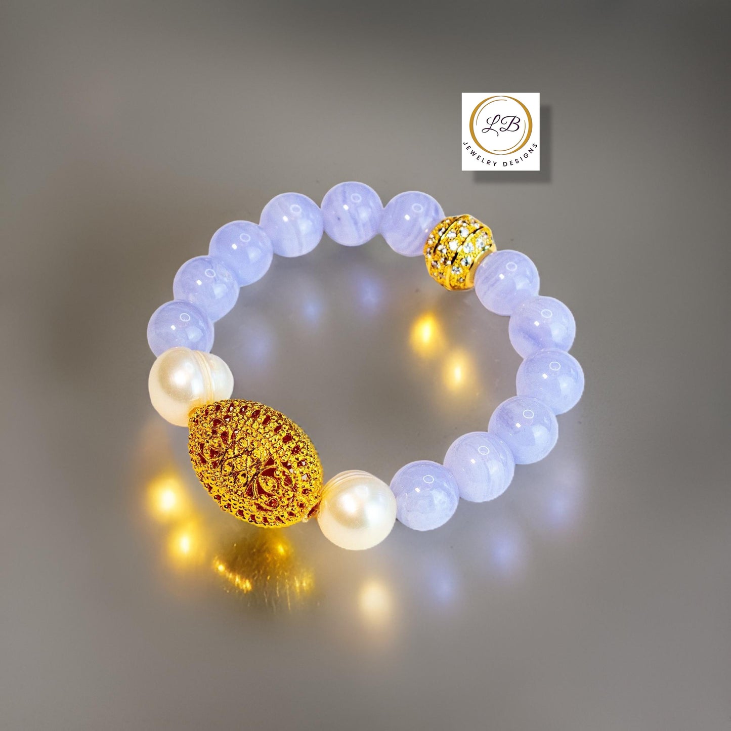 Blue Lace and Pearl Gemstone Bracelet with Vermeil Bali Filigree Accent