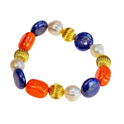 Lapis Lazuli, Carnelian & Baroque Pearl Gemstone Gold Beaded Bracelet