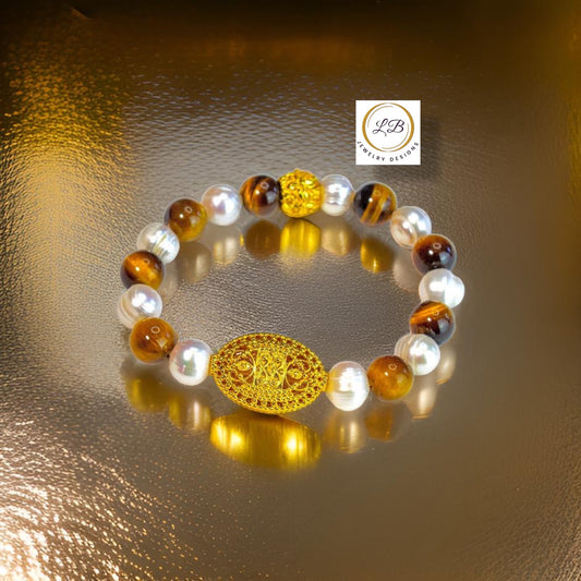 Tiger's Eye & Pearl Gemstone Gold Filigree Beaded Bracelet