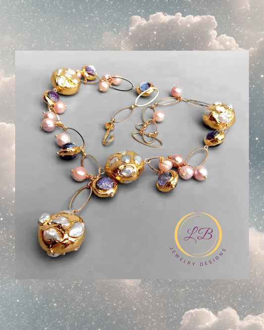 Purple Murano Baubles & Pearls Gold Chain Necklace