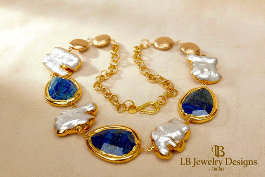 Lapis Lazuli & Keshi Pearl 22k Gold Vermeil Statement Necklace 21“