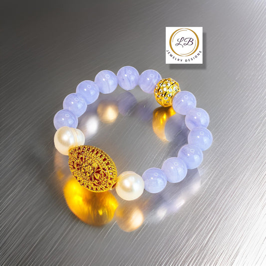 Blue Lace and Pearl Gemstone Bracelet with Vermeil Bali Filigree Accent