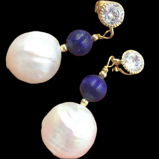 Lapis Lazuli and Baroque Pearl CZ Dangle Earrings