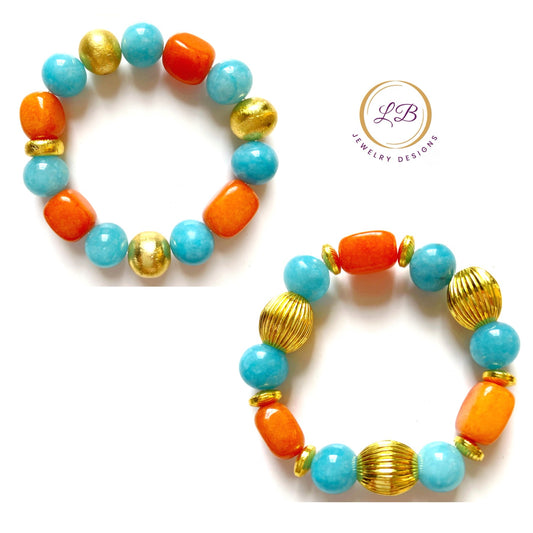 Orange Carnelian & Aquamarine Gemstone Gold Bracelet(s)