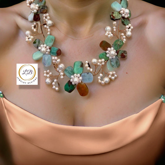 Rare Green Chrysoprase and Pearl Gemstone Flower Statement Necklace