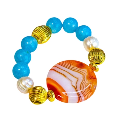 Orange-Striped Onyx, Aquamarine & Pearl Gemstone Beaded Bracelet (Two Designs)