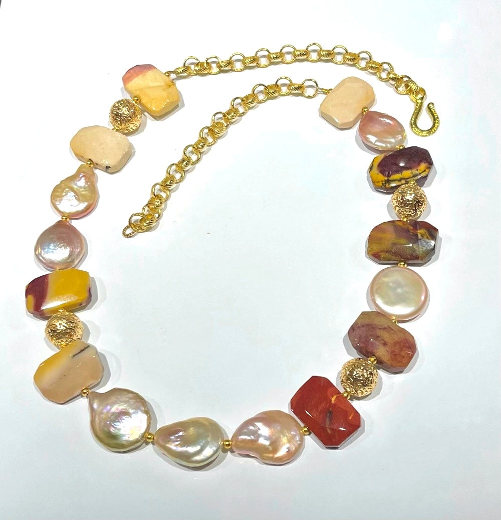 Mookaite Gemstones and Keshi Pearls Necklace 24”