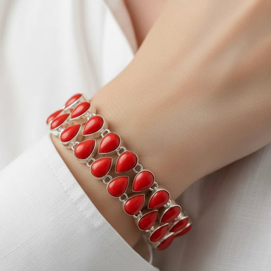Montecito Double Row Red Coral Sterling Silver Statement Bracelet