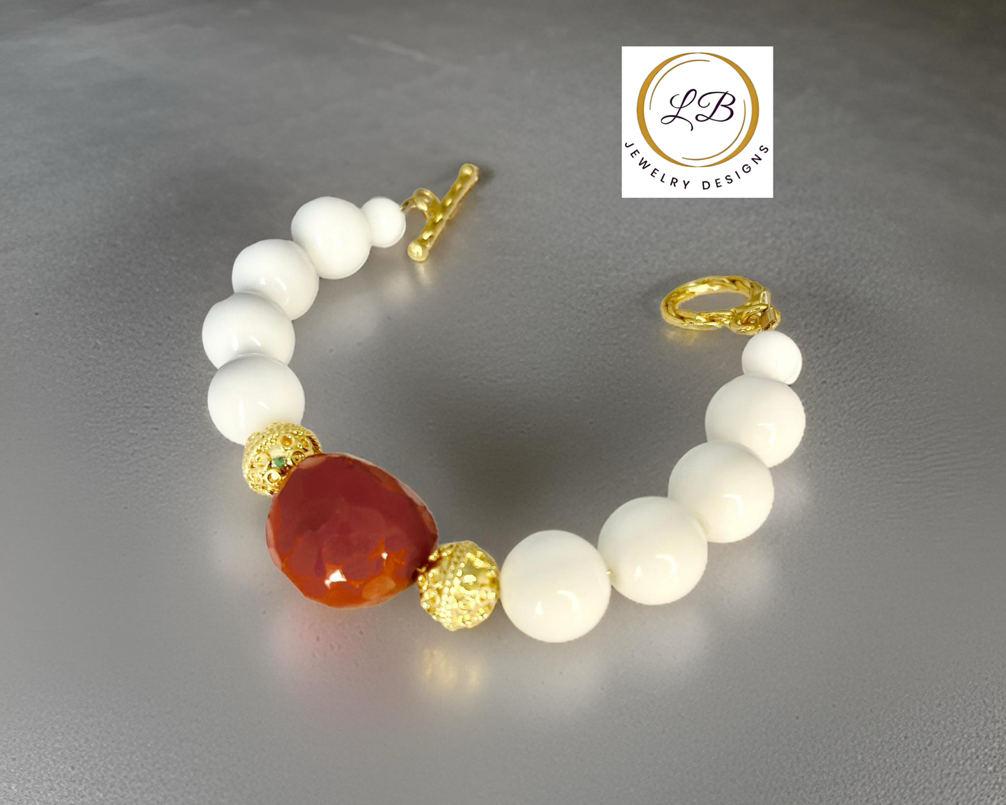 White Alabaster and Earth-Mined Carnelian Gemstone Beaded Bracelet