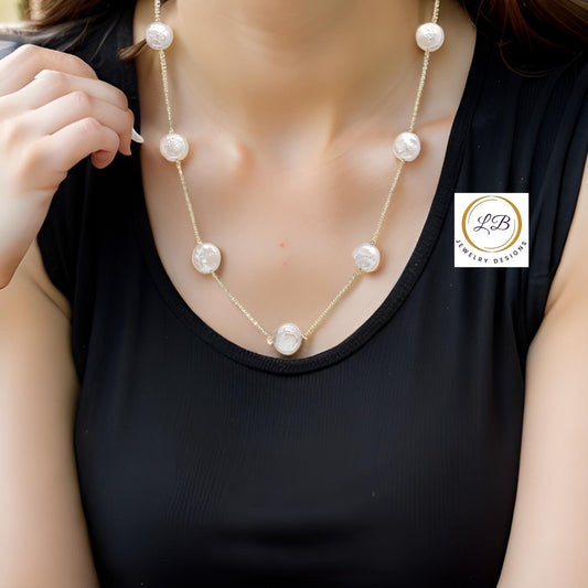 White Coin Pearl Gold-Filled Chain Necklace 18