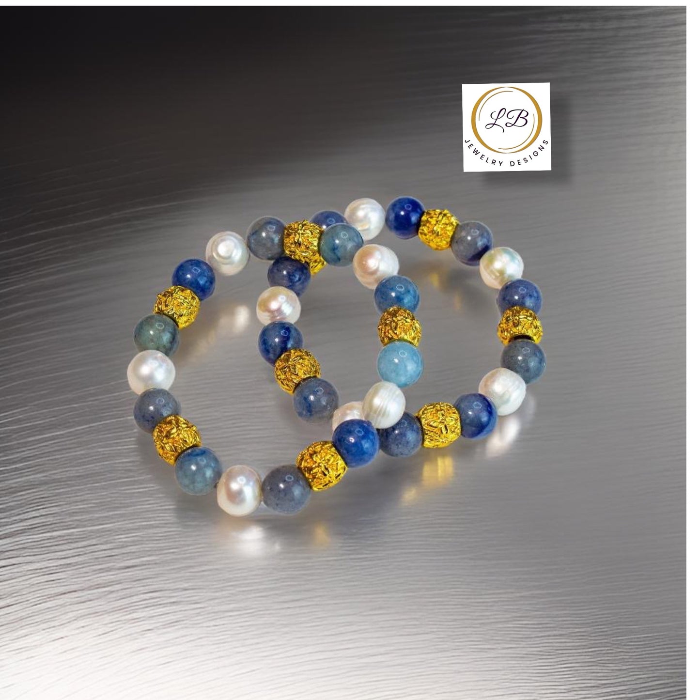 Blue Sodalite & Pearl Gemstone Gold Beaded Bracelet