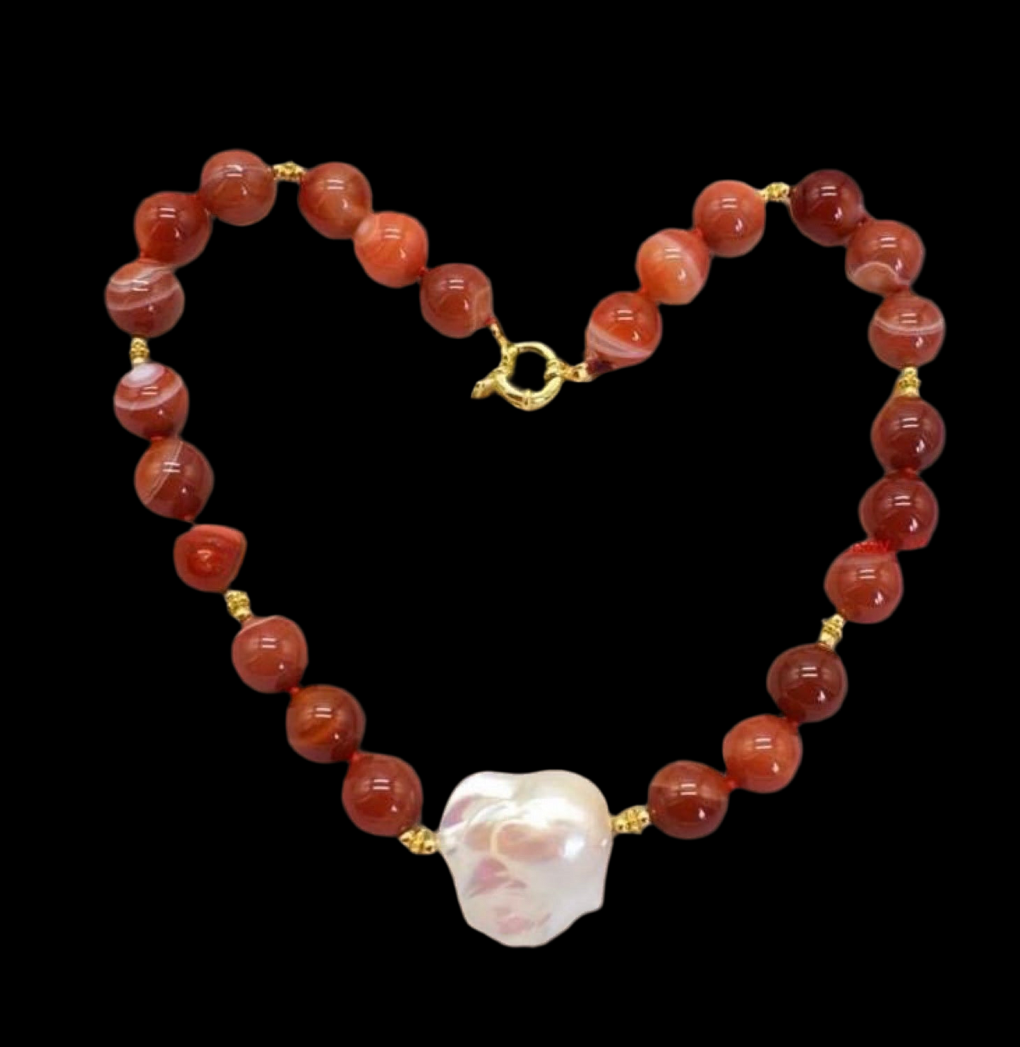 Striped Agate & Baroque Pearl Gemstone Statement Necklace 18”