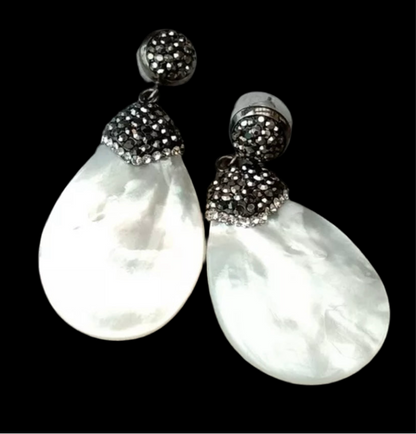 Black Marcasite & White Mother Of Pearl Gemstone Dangle Earrings 2"