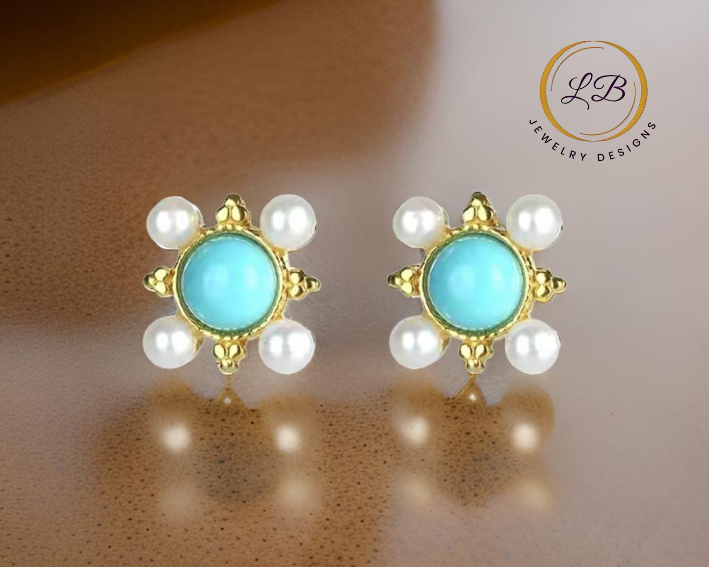 Petite Sleeping Beauty Turquoise & Pearl Stud Earrings